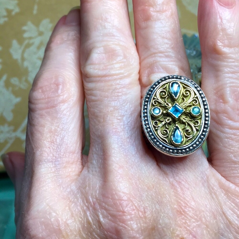 Konstantino Gold and Light Blue Gemstone Oval Filigree Ring - Picture 9 of 10